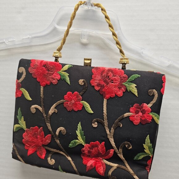 Black Red Floral Flower Embroidered Gold Cara Made in USA Clutch Hand Bag - Picture 8 of 16